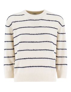 Crewneck sweater made of cotton and linen, featuring a contrasting horizontal stripe design, ribbed edges, three quarter length sleeves, regular fit. Composition: 50% CO, 40% LI, 10% PC White Cotton Sweater With Horizontal Stripes, Minimalist Men, Boutique Stores, Local Boutique, Sweater Making, Luxury Shop, Yoga Wear, Crewneck Sweater, Italian Style