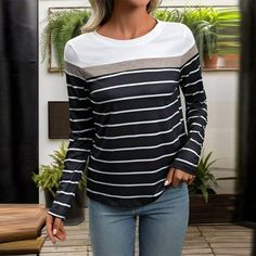 Fashion Women's Casual Loose Striped Printed Long Sleeved Round Neck Topa Features: 1. Very comfortable and super soft daily fabric. 2. Long sleeve crew neck casual print t shirt tops in womens size. 3. You can the side or stuff it in shorts,, skirts and kinds of pants to give a stylish street look. 4. for party, festival, holiday, travel, workout, office, street and comfy enough to wear everyday. 5. Recommend washed by hand gently in cold water. Hang to dry. Don't or washed with hot water. Sepa Striped Long Sleeve Tee, Next Fashion, Maxi Dress Cocktail, Striped Long Sleeve Shirt, Maxi Dress Formal, Joggers Womens, Tops Fall, Striped Tee, Denim Top