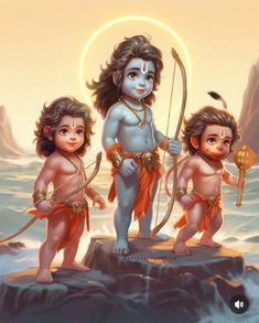 three small children standing next to each other in front of an image of the hindu god