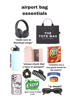 the contents of an airport bag are shown in this poster, including headphones and other items