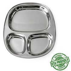 a metal tray with two compartments on it