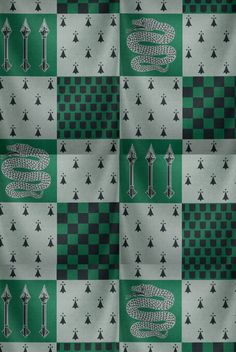 a green and white checkered fabric with black and white designs on the back ground