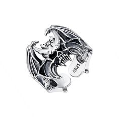 Unleash your inner daring with our 925 Silver Demon Skull Bat Wing Ring. Crafted from high-quality silver, this ring features a bold and striking design of a demon skull with bat wings. Elevate your style and show off your fearless spirit with this unique accessory. Details Materials: 925 Sterling Silver Weight: 11.2G Size: Adjustable SKU: R24092607 Demon Skull, Wing Ring, Sun And Moon Rings, Flat Back Earrings, Bat Wing, Gold Brooches, Feather Necklaces, Gold Bracelet Chain, Blue Zircon