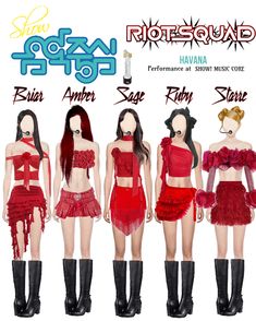 four female mannequins in red dresses and boots with the words rock squad on them