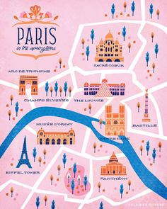 an illustrated map of paris in pink and blue