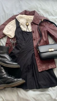 Wholesome Aesthetic Outfits, 70’s Jacket, Beverly Marsh Outfits Aesthetic, 70 S Outfits, Dark 70s Outfits, 70s Leather Jacket Outfit, Leather Jacket Outfits Aesthetic, Doc Martens Dress Outfits, Dress With Leather Jacket Outfit