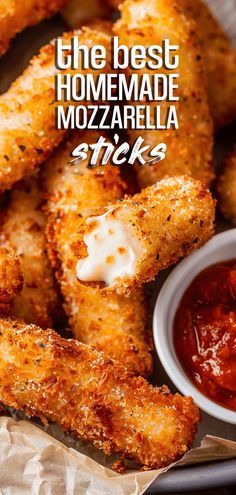 the best homemade mozzarella sticks are on display with ketchup and mayonnaise