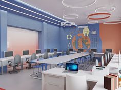 an office with desks, computers and chairs is shown in this computer lab rendering