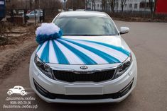 a white car with a blue and white striped bow on it's hood