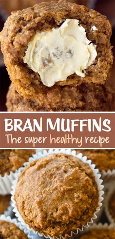 bran muffins with cream cheese on top and in the middle, are shown