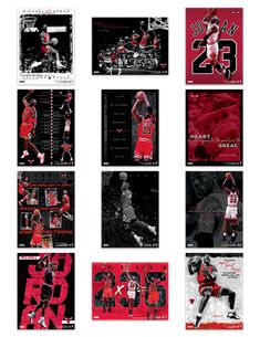 several basketball cards with the number twenty and three different teams on them, all in black and red