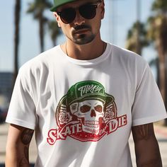 Skate or Die Skateboarding Tee - Unisex Adult T-Shirt - Urban Street Style Skater Thrash - Distressed Look - Free Shipping! Description: Make a statement with this edgy unisex t-shirt featuring a bold skull wearing a cap that says "Thrash," adorned with roses. The powerful "Skate or Die" message gives it that raw, rebellious skateboarding energy. The two-tone gradient style and distressed look capture that gritty, underground vibe perfect for skaters who live life on the edge. Whether you're grinding at the skatepark or hitting the streets, this tee has you covered with vintage urban style and bold graphics. Crafted from 100% ring-spun cotton (4.5 oz/yd² or 153 g/m it offers both comfort and durability. Available in sizes S to 3XL, this is a must-have for skateboarders, streetwear lovers, Urban Crew Neck T-shirt For Skateboarding, Casual Skateboarding Top With Front Print, Casual Tops With Front Print For Skateboarding, Casual Front Print Tops For Skateboarding, Graphic Tee T-shirt With Front Print For Skateboarding, Graphic Tee With Front Print For Skateboarding, Urban Crew Neck Tops For Skateboarding, Relaxed Fit Crew Neck Tops For Skateboarding, Skateboarding T-shirt With Front Print