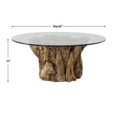 the table is made out of drift wood and has glass top with an animal head on it