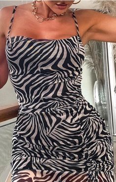 Stylish and chic strappy party dress, all over zebra animal printed delicate mesh insert overlay with frill hem, stylish side ruched string detail added Approx length: side seam:29"(74cm)95% Polyester 5% ElastaneMade in the U.KModel is 5'4 and wears a U.K size 8 Zebra Print Dress Outfit, Zebra Print Aesthetic, Zebra Print Clothes, Mesh Insert Dress, Latina Outfit Ideas, Dress Sketch, Outfit Ideas For Church, Latina Outfit, Dresses By Pattern