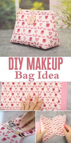 the diy make up bag idea is shown with instructions to make it