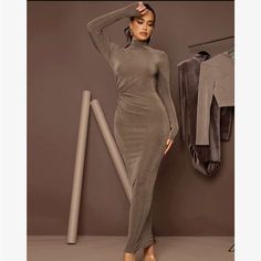 Ships In 3-6 Days Color In The #1 Fabric : 95% Polyester 5% Elastane. Tag Xs Fits 2, S Fits 4, M Fits 6, Tag L Fits 8/10. Tag Xl Fits 12 Maxi Dress Casual, Fitted Bodycon Dress, Bodycon Maxi Dress, Mock Neck Long Sleeve, Shein Dress, Bodycon Maxi Dresses, Mocha Brown, High Neck Long Sleeve, Womens Maxi Dresses