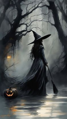 a painting of a witch with a broom in the water