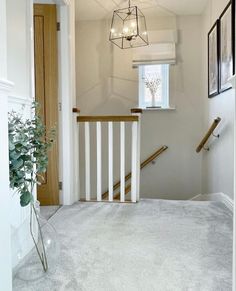 an empty room with white carpet and stairs