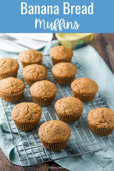 banana bread muffins on a cooling rack with bananas in the background and text overlay