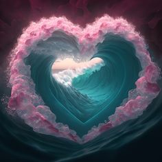 a heart shaped wave in the ocean with pink clouds