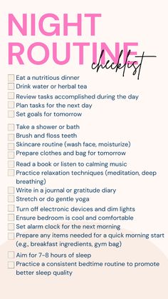 A night routine is essential for winding down and preparing for a restful sleep. 🌿💖 By establishing calming activities before bed, you signal to your body that it's time to relax. 🌸 This can include skincare, reading, or meditation. 🌼 Consistent routines improve sleep quality, reduce stress, and enhance overall well-being. 🌛 Embrace the tranquility of a structured night routine and wake up refreshed and ready to tackle the day. 🌟💤 This is a checklist for a night routine Night Routine Checklist For Women, Wake Up Early Routine, Relaxing Evening Routine, Self Care Bedtime Routine, Relaxing Bedtime Routine, Selfcare Night Routine, Night Time Routine Checklist, Winding Down Before Bed, Daily Night Routine