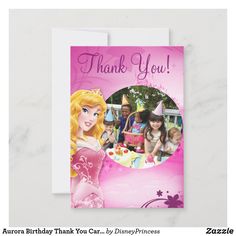 a pink thank card with princesses on it