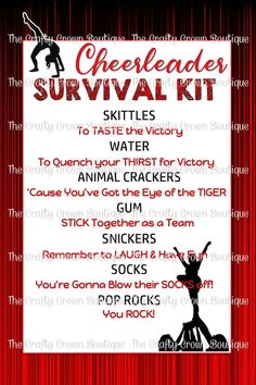 the cheerleader survival kit is shown on a red curtain with black and white lettering