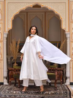 White V-Neck Thread Work Detail At The Neck And Sleeve, A-Line Kurta Paired With White Bottom With Chiffon Dupatta - Mahukaa A Line Kurta, Chiffon Dupatta, Thread Work, Classic White, Summer Collection