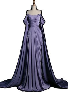 Fitted Pre-draped Evening Dress For Banquet, Pre-draped Fitted Dress For Banquet, Fitted Pre-draped Dress For Banquet, Purple Draped Evening Dress, Draped Purple Evening Dresses, Fitted Draped Dresses With Sweep Train, Purple Draped Silk Dress, Pre-draped A-line Evening Dress, Purple Fitted Dress With Long Train