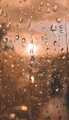 rain drops on a window with the sun in the background