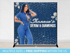 a woman standing in front of a blue backdrop with diamonds on it and the words shanna's denim & diamonds