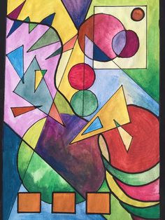 an abstract painting with different colors and shapes on the bottom half of it, as well as geometric designs