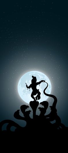 the silhouette of a man on top of a tree in front of a full moon