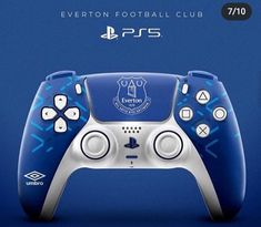 an image of a blue and white controller for the playstation football game, which is on display