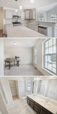 four different views of a kitchen, dining room and living room in an open floor plan