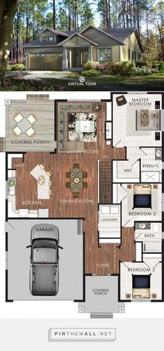 the floor plan for a modern house with two car garages and an attached living area