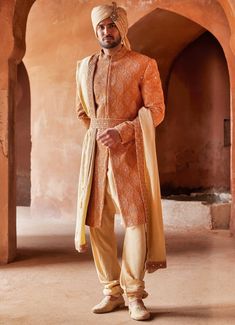 Rust Red Front Cut Silk Sherwani WIth Beige Kurta Set Nitika Gujral - Men - Fabilicious Fashion Tiny Mirrors, Embroidered Sherwani, Groom Fashion, Sherwani Groom, Wedding Notes, Ruffle Gown, Wedding Sherwani, Indian Groom, Mens Luxury Fashion