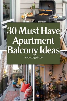 an apartment balcony with bbq grill and patio furniture on the back deck, surrounded by potted plants