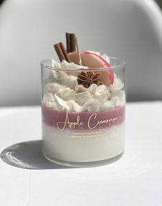 an apple and cinnamon dessert in a glass container