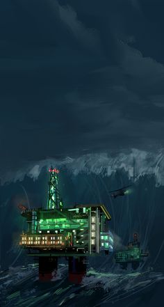 an oil rig in the ocean at night