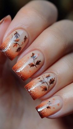 Fall Harvest Nails, French Tip Fall Nail Designs, Chilac Nails, Fall Leave Nails, Autom Nails, Square Nails Fall Colors, Fall Color French Tip Nails, Autumn Nails Gel, Fall Gel Nails Designs