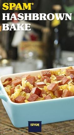 spam hashbrown bake in a blue casserole dish on a table