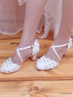 Lasaky - Elegant Ivory Satin Wedding Shoes with Round Toe, Embellished Rhinestones, and Mid-Height Chunky Heel - Perfect for Brides Fitted Round Toe Wedding Shoes, Fitted Wedding Shoes With Round Toe, Fitted White Wedding Shoes With Rhinestones, Closed Toe Wedding Shoes With Rhinestones, White Embellished Almond Toe Heels, White Embellished Closed Toe Heels, White Embellished Wedding Shoes For Formal Occasion, Formal White Embellished Wedding Shoes, Round Toe Heels With Rhinestones For Wedding