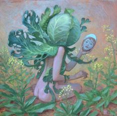 a painting of a woman kneeling in the grass holding a head of lettuce