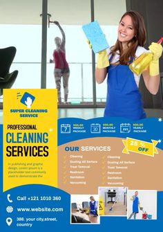 a woman in blue dress holding up a cleaning supplies advertisement for a business