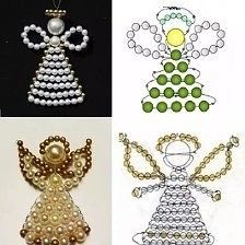 four different beaded angel ornaments are shown in three different colors and sizes, including white, green, gold, and silver