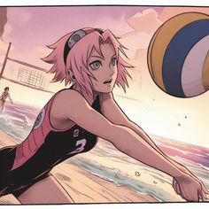 an anime character is playing with a ball on the beach while another person looks on