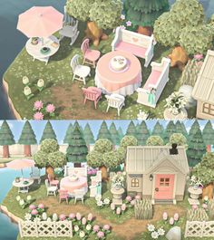 two different views of the same house and yard in an animated style, each with a pink table and chairs