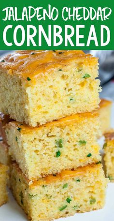 three pieces of cornbread stacked on top of each other with the words jalapeno cheddar cornbread