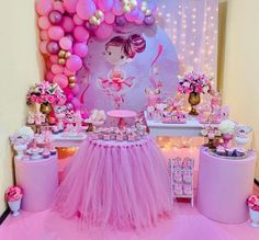 a pink and gold ballerina themed birthday party with balloons, cake, cupcakes and decorations